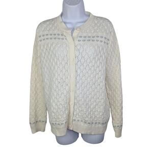 VTG It’s Pure Sweater Womens Medium Cardigan White Knit Blue Floral Embroidered